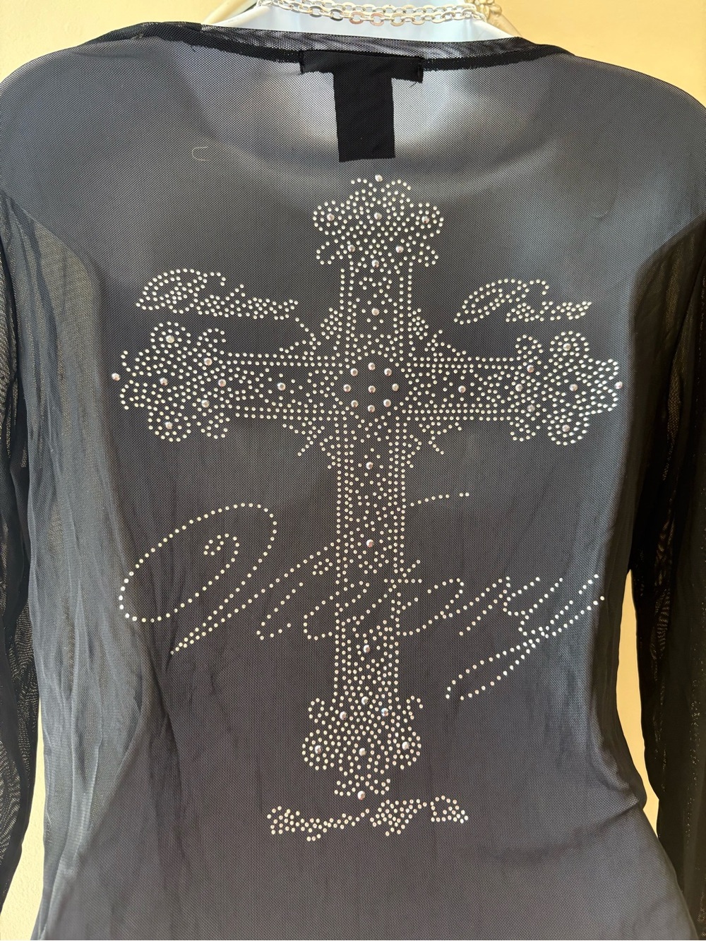 Vintage Cowgirl Tuff Y2K Rhinestone Victory Sheer Mesh Top Cross Crucifix Large